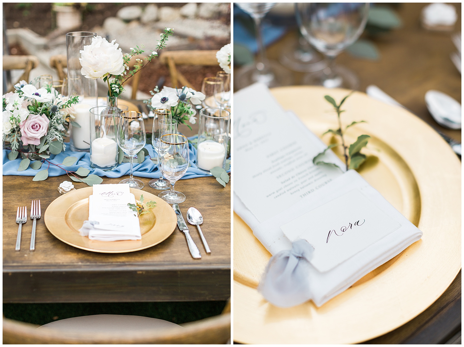 table setting with gold and blue details