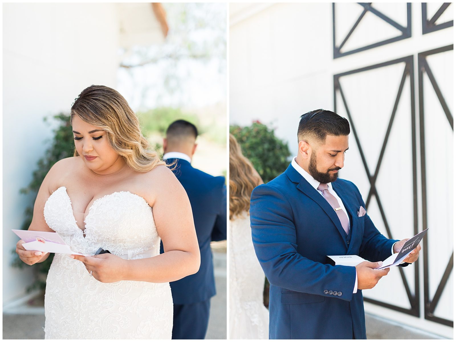bride and groom reading letters to each other before their first look