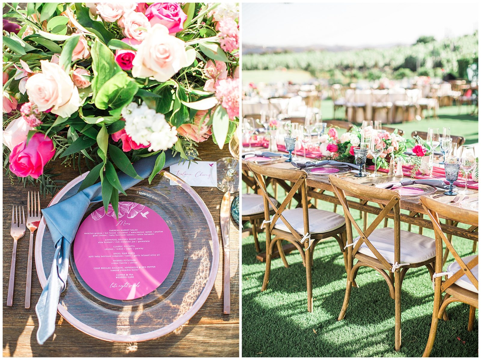 Summer wedding tablescape with pink menus and chargers