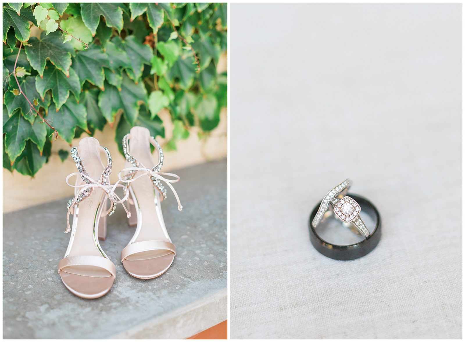 close up of wedding rings and bride's heels