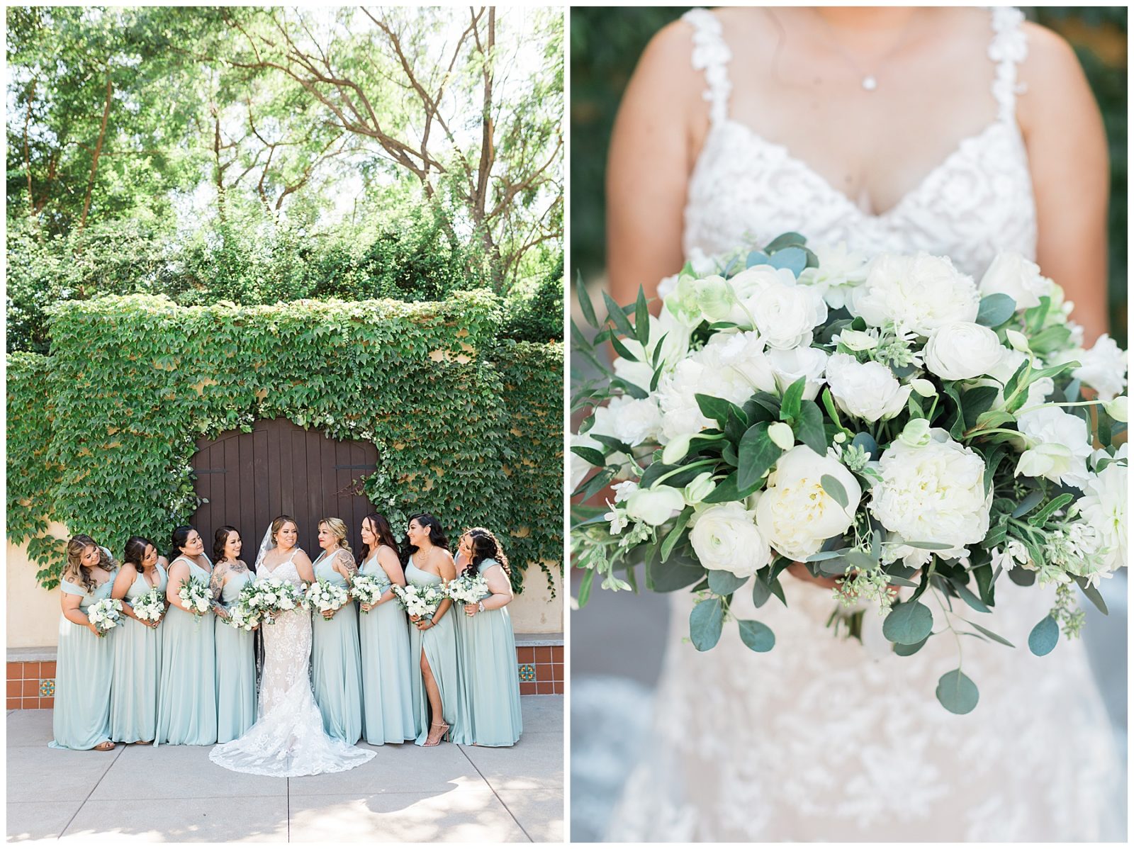 bridemaids wearing blue satin dresses