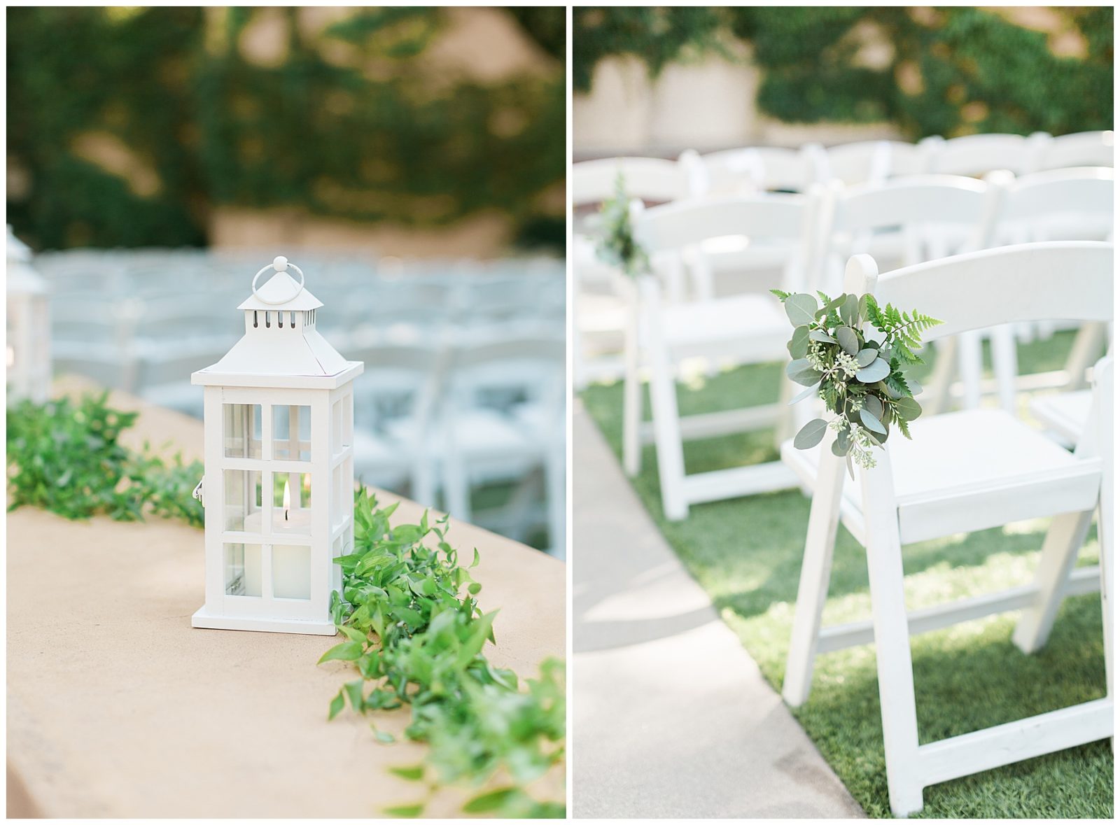 white lanterns and greenery for the ceremony