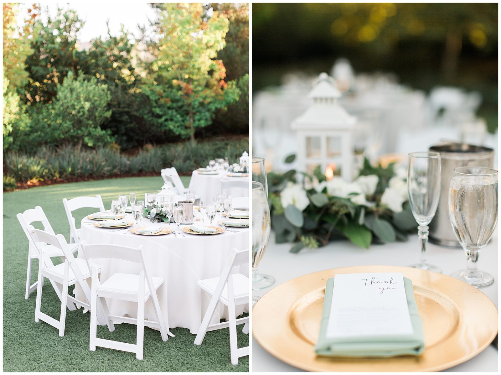outdoor wedding with round tables and white linens