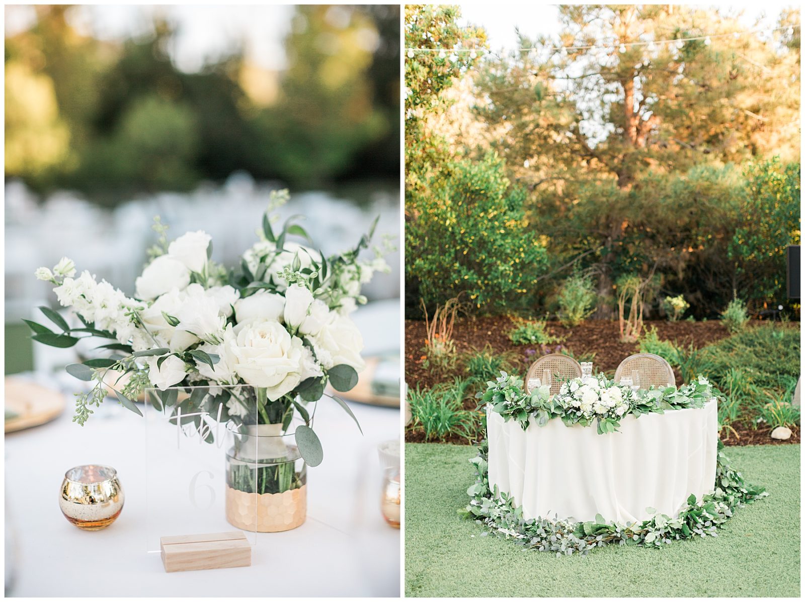 outdoor wedding sweetheart table with green garland