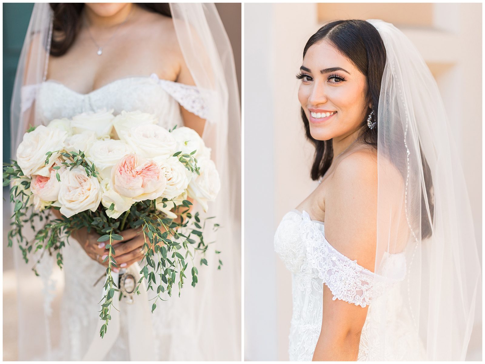 bride portraits with white flowers for romantic backyard wedding