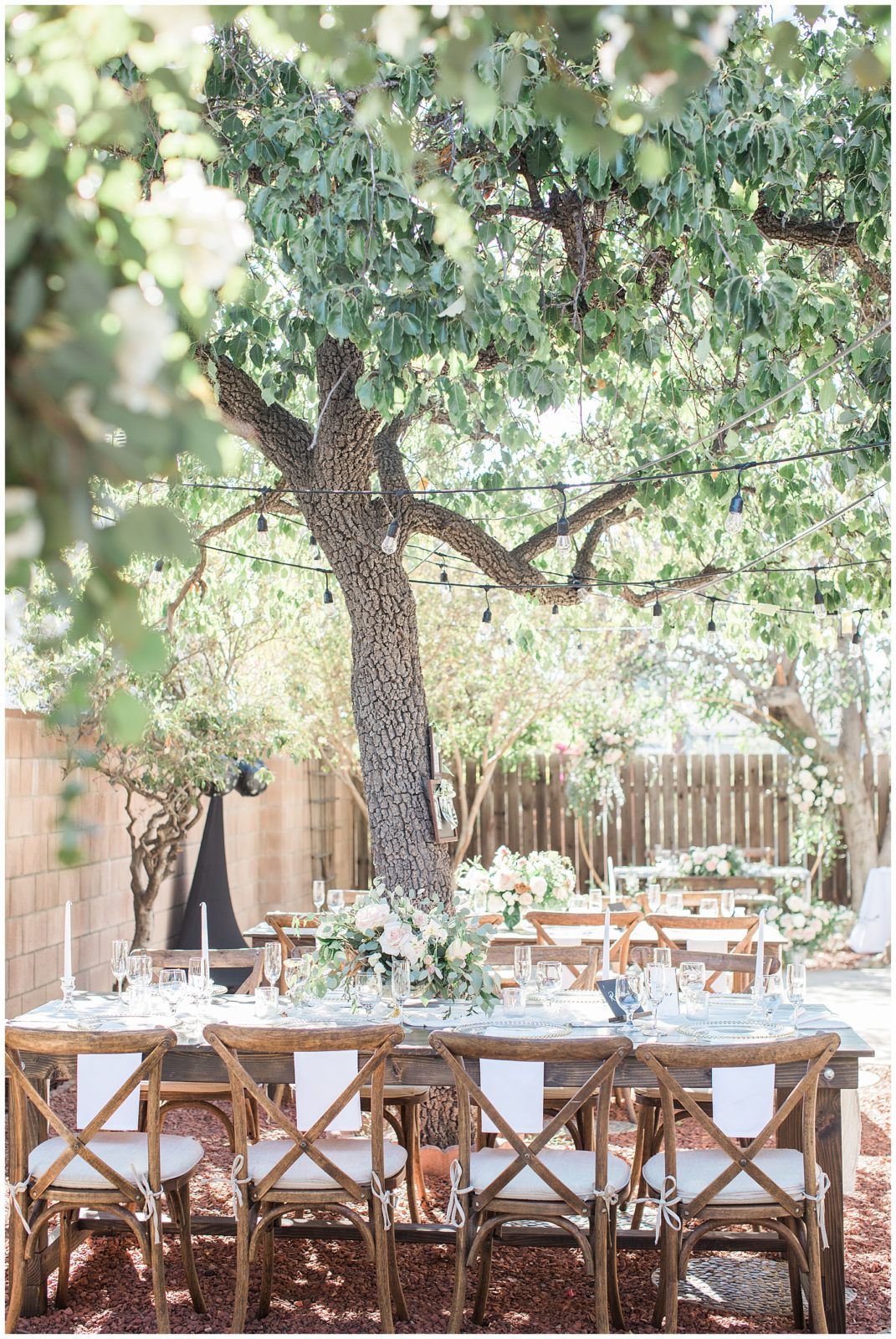romantic backyard wedding reception in front of tree