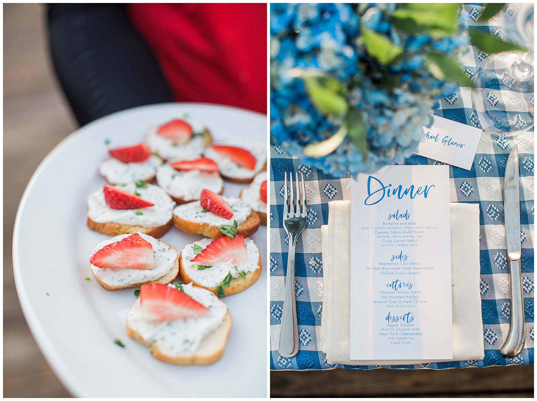 strawberry crostini and dinner menus on the table